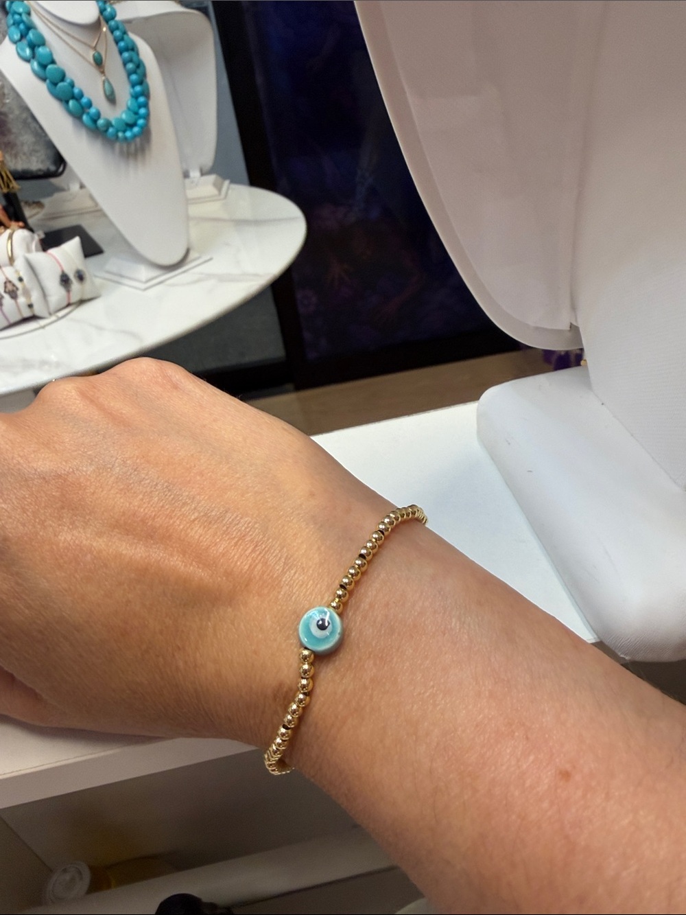 Delicate Gold Beaded Bracelet with Turquoise Evil Eye